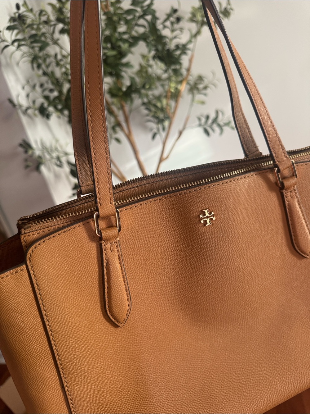 Tory Burch Caramel Leather Tote with Gold Logo